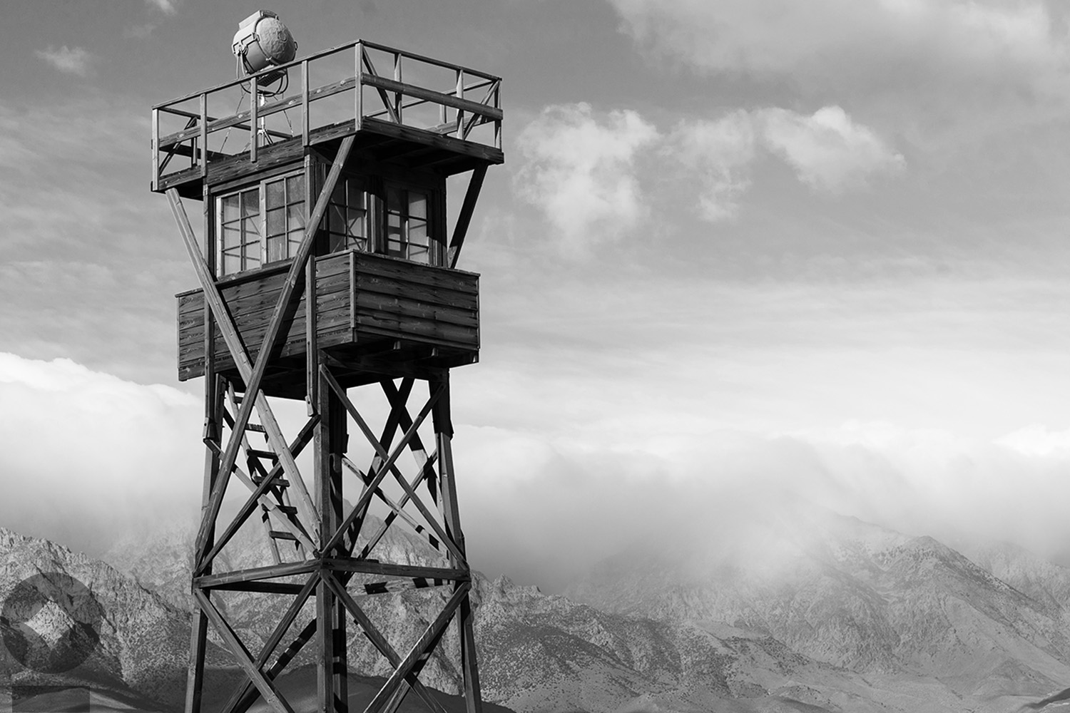Black and white Old Guard Tower Manzanar Internment Camp California